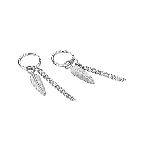 JewelryWe Schmuck Creolen Ohrringe Blatt Feder Kette Anhänger Edelstahl Ohrstecker Pierced Ohrhänger für Herren Damen, Silber von JewelryWe