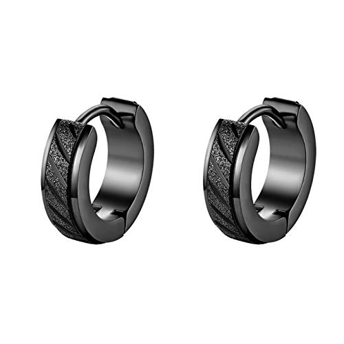 JewelryWe Schmuck Creolen Ohrringe Edelstahl Sandgestrahlt Streifen Huggie Hoop Klappcreolen Ohrschmuck Ohrstecker für Herren Damen, Schwarz von JewelryWe