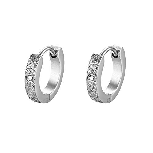 JewelryWe Schmuck Creolen Ohrringe Edelstahl Zirkonia Sandgestrahlt Huggie Hoop Klappcreolen Ohrschmuck Ohrstecker für Herren Damen, Silber von JewelryWe