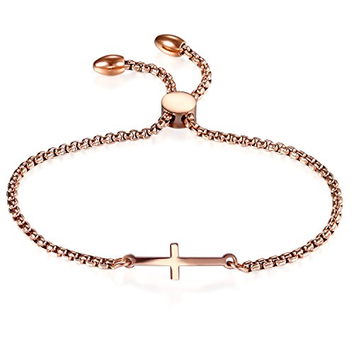 JewelryWe Schmuck Damen Armband, Edelstahl Hochglanz Poliert Kreuz Verstellbar Charm Armkette Armreif, Rosegold, kostenlos Gravur von JewelryWe