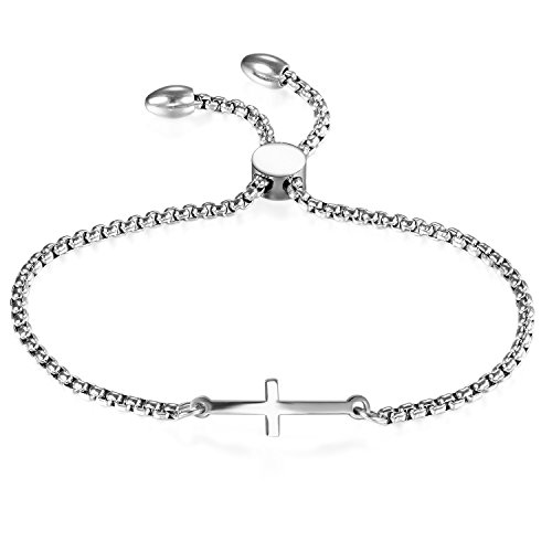 JewelryWe Schmuck Damen Armband, Edelstahl Hochglanz Poliert Kreuz Verstellbar Charm Armkette Armreif, Silber, kostenlos Gravur von JewelryWe