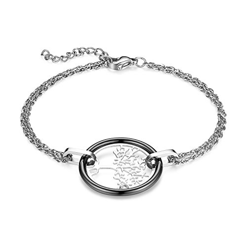 JewelryWe Schmuck Damen Armband, Edelstahl Hohle Baum des Lebens Armkette Charms Armreif mit Keramik Kreis Ring, verstellbare Größe, Schwarz Silber 01 von JewelryWe