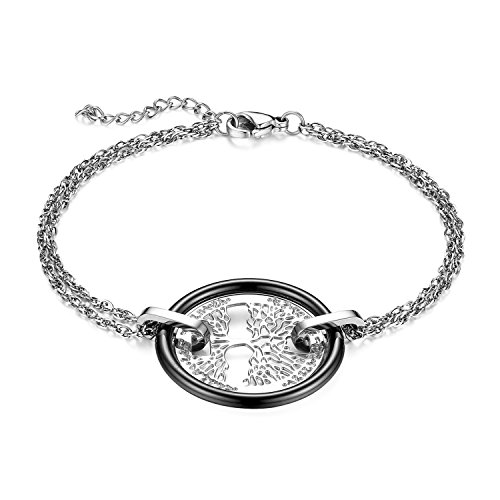 JewelryWe Schmuck Muttertagsgeschenk Damen Lebensbaum Armband, Edelstahl Hohle Baum des Lebens Armkette Charms Armreif mit Keramik Kreis Ring, verstellbar Silber von JewelryWe