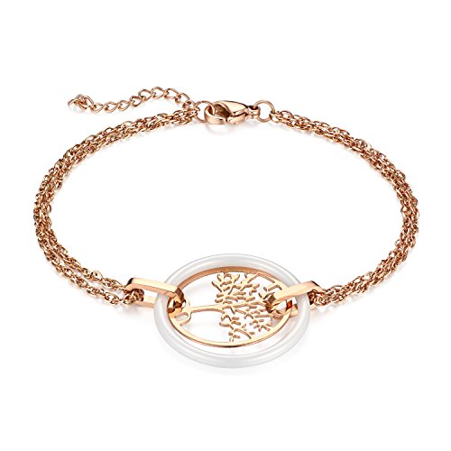 JewelryWe Schmuck Damen Armband, Edelstahl Hohle Baum des Lebens Armkette Charms Armreif mit Keramik Kreis Ring, verstellbare Größe, Weiß Rosegold von JewelryWe