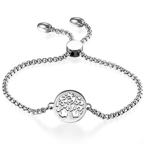 JewelryWe Lebensbaum Armband Damen Edelstahl: Hohle Baum des Lebens Runde Kreis Verstellbar Charm Armkette Armreif für Frauen Mädchen Silber von JewelryWe