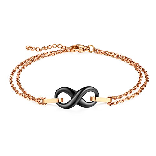 JewelryWe Schmuck Damen Armband, Edelstahl Keramik Lieben Infinity Unendlichkeit Zeichen Armkette Charms Armreif, verstellbare Größe, Schwarz Rosagold von JewelryWe