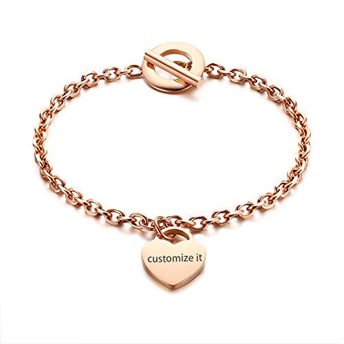 JewelryWe Schmuck Damen Armband, Edelstahl Poliert Herz Anhänger Charm Armkette Armreif, Rosegold von JewelryWe