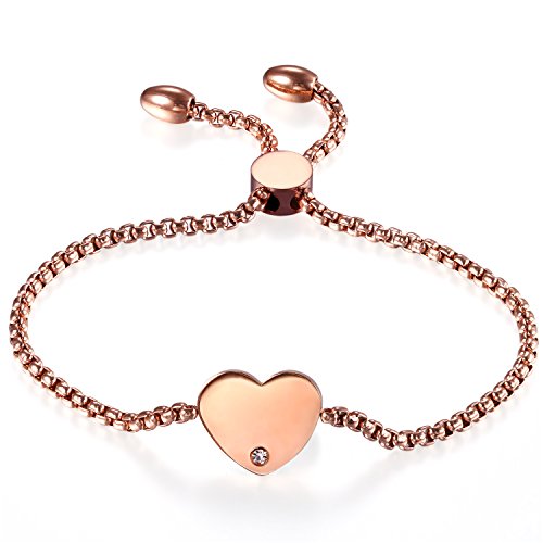 JewelryWe Schmuck Personalisierte Damen Armband, Edelstahl Strass Hochglanz Poliert Herz Verstellbar Charm Armkette Armreif mit Gravur, Rosegold, Geschenke für Frauen Mädchen von JewelryWe