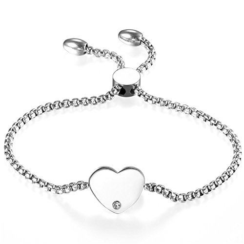 JewelryWe Schmuck Personalisierte Damen Armband, Edelstahl Strass Hochglanz Poliert Herz Verstellbar Charm Armkette Armreif mit Gravur, Silber, Geschenke für Frauen Mädchen von JewelryWe