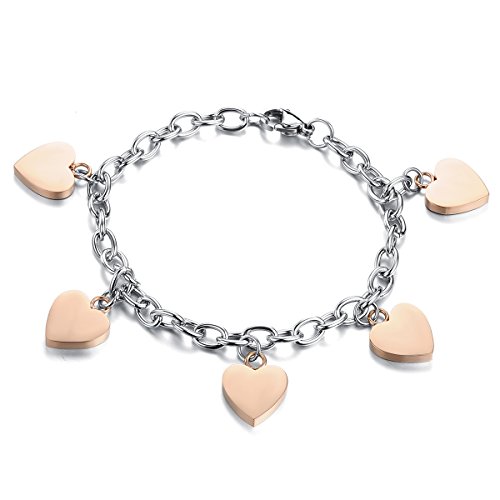 JewelryWe Schmuck Damen Armband, Herz Charm Armreif, Edelstahl, Rose Gold Silber von JewelryWe