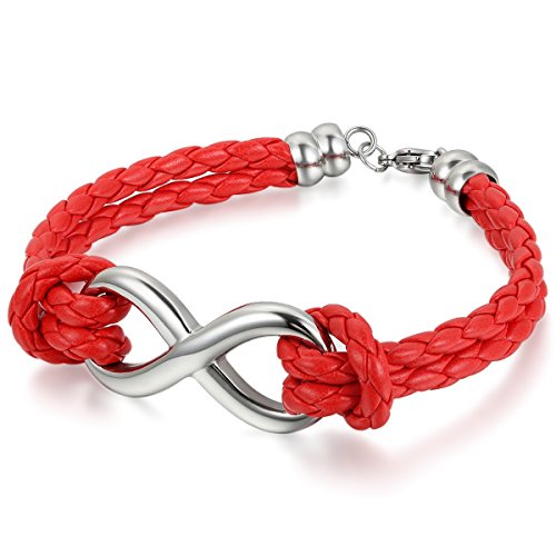 JewelryWe Schmuck Damen Armband, Infinity Charms Armreif, Leder Echtleder Edelstahl, Rot Silber von JewelryWe