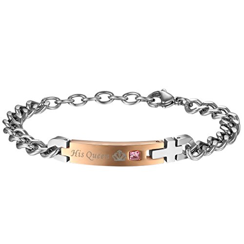 JewelryWe Schmuck Damen Armband, Lieben Freundschaftsarmband Valentinstag Paar Geschenke, His Queen", Edelstahl Strass, Rosegold Silber, kostenlos Gravur von JewelryWe