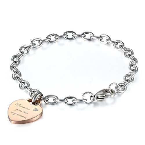 JewelryWe Schmuck Damen Armband Edelstahl Elegant Forever You're My Lover Gravur Herz Rolo Kette Charm Charme Armreif Armkette Geschenk Rose Gold Silber von JewelryWe