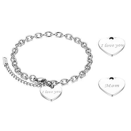 JewelryWe Schmuck Damen Armband Armkette mit Herz Anhänger I Love You Mom Gravur Silber Muttertag Geburtstag Geschenk von JewelryWe