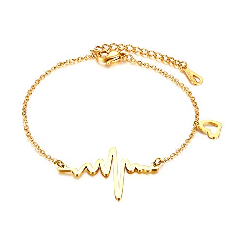 JewelryWe Schmuck Damen Armband Edelstahl Herzschlag EKG Herz Charmsarmband Armkette Fußkettchen für Frau Mädchen, Gold von JewelryWe