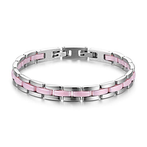 JewelryWe Schmuck Damen Armband Edelstahl Keramik I Rechteck Link Gliederarmband Armkette Armreif Pink Silber von JewelryWe