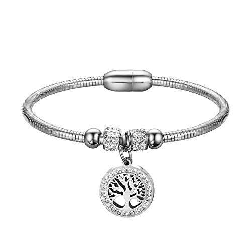 JewelryWe Schmuck Damen Armband Edelstahl Strass Baum des Lebens Charm Schlangenkette Draht Armreif mit Magnetveschluss Silber von JewelryWe