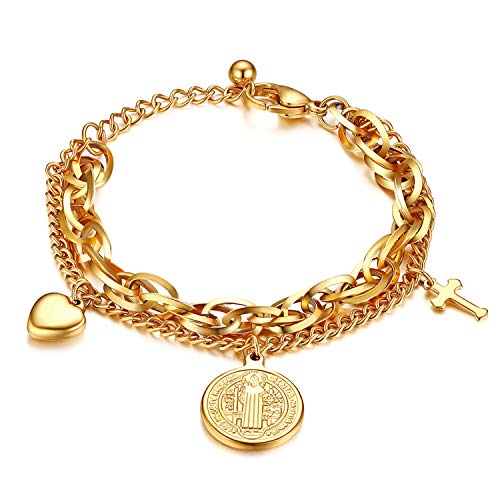 JewelryWe Schmuck Damen Armband Edelstahl doppelt Kette Charmsarmband Armkette mit Symbol St. Benedikt Kreuz Herz Anhänger Gold von JewelryWe