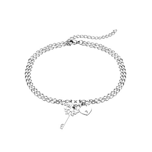 JewelryWe Schmuck Damen Armband Edelstahl doppelt Kette Charmsarmband verstellbare Armkette mit Schneeflocke Schlüssel und Herz Schloss Sperren Anhänger Silber von JewelryWe