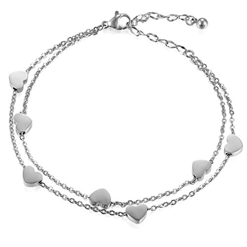 JewelryWe Schmuck Damen Armband Fußkettchen, Edelstahl Herz Strangarmbänder Armkette Verstellbar Charm-Armband Armkettchen Armreif, Silber von JewelryWe