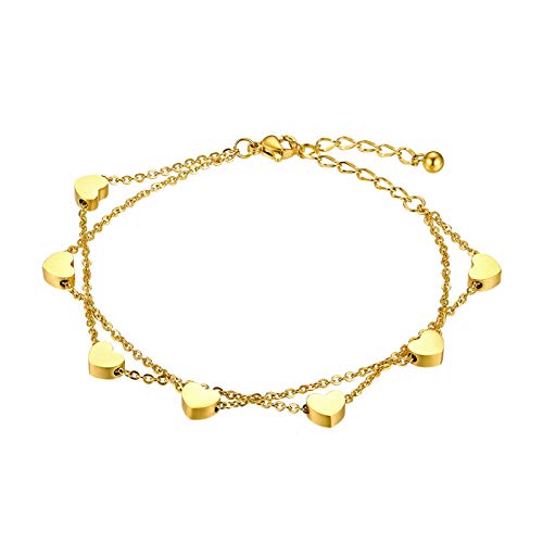 JewelryWe Schmuck Damen Armband Fußkettchen, Edelstahl Herz Strangarmbänder Armkette Verstellbar Charm-Armband Armkettchen Fußkette für Frau Mädchen, Gold von JewelryWe