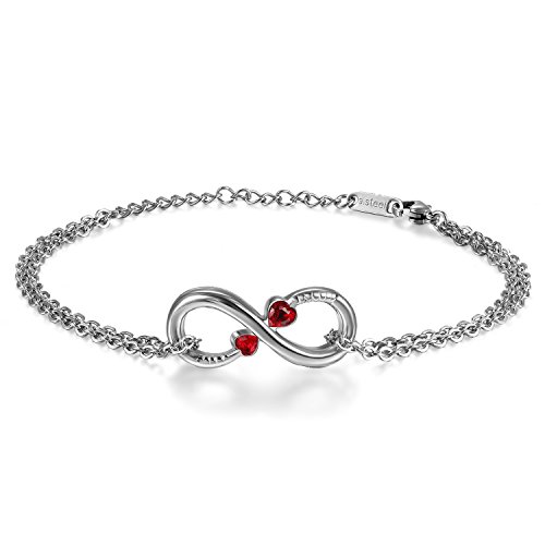 JewelryWe Schmuck Damen Armband Fußkettchen, Infinity Unendlichkeit Herz Lieben Zeichen Charm Fußkette Armkette Armreif, Zirkonia Diamant Edelstahl, Rot Silber von JewelryWe