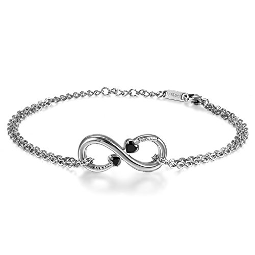 JewelryWe Unendlichkeitszeichen Armband Damen Fußkettchen: Edelstahl Infinity Unendlichkeit Lieben Zeichen Charm Fußkette Armkette Armreif mit Herz Zirkonia Diamant Schwarz Silber von JewelryWe