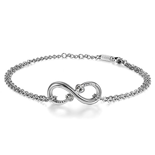 JewelryWe Schmuck Damen Armband Fußkettchen, Infinity Unendlichkeit Herz Lieben Zeichen Charm Fußkette Armkette Armreif, Zirkonia Diamant Edelstahl, Weiß Silber von JewelryWe