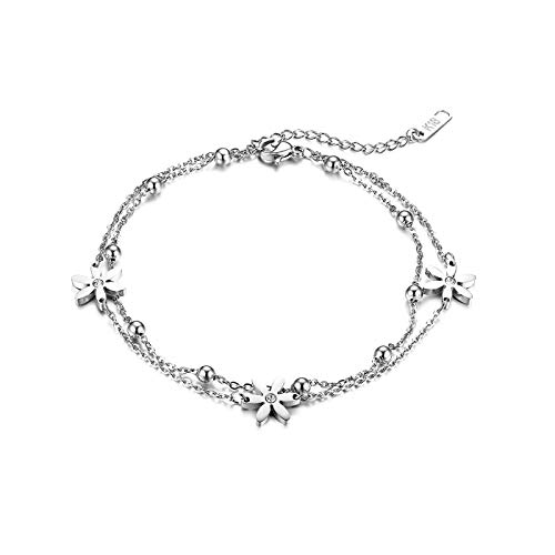 JewelryWe Schmuck Damen Armband Fußkettchen Edelstahl Blume Kugel Charmsarmband Armkette Fußkette verstellbar Silber von JewelryWe