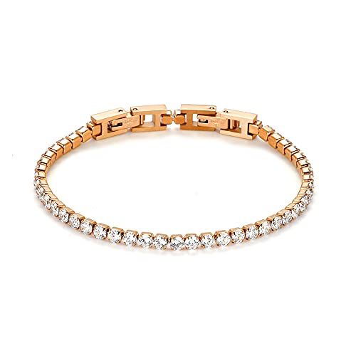 JewelryWe Tennisarmband Damen Armband mit Zirkonia: Rosegold Edelstahl Tennis Armband Verstellbar Armkette Armreif Fußkettchen mit abnehmbarem Verschluss Elegant Schmuck 2mm Breit 19cm Länge von JewelryWe