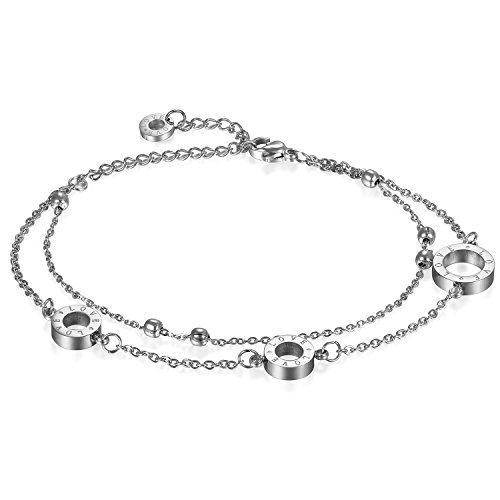 JewelryWe Schmuck Damen Armband Fußkette, Exquisite "LOVE" Gravur Ring Charm Armkette Fußkettchen, Edelstahl, Silber von JewelryWe