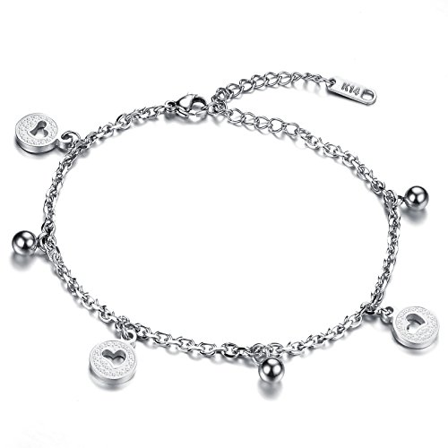 JewelryWe Damen Armband Fußkette Rund: Edelstahl Herz Kreis Glöckchen Charm Armkette Fußkettchen Verstellbar Geschenk für Frauen Mädchen Silber von JewelryWe