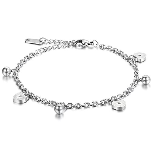 JewelryWe Schmuck Damen Armband Fußkette, Liebe Herz Glöckchen Charm Fußkettchen, Edelstahl, Silber von JewelryWe