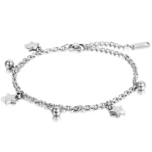 JewelryWe Damen Armband Fußkette Pentagramm: Edelstahl Sterne Glöckchen Charm Armkette Fußkettchen Verstellbar Geschenk für Frauen Mädchen Silber von JewelryWe