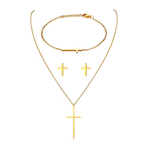 JewelryWe Schmuck Damen Armband Halskette Ohrringe Schmuckset Edelstahl Kreuz Anhänger mit Kette, Armkette & Ohrstecker Set für Frau Mädchen Gold von JewelryWe