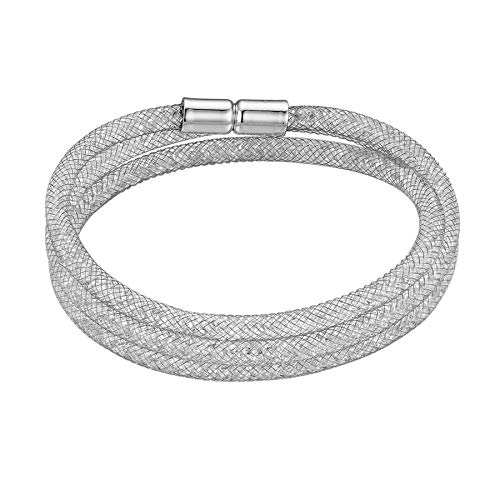 JewelryWe Schmuck Damen Armband Mehrreihig Strass Netzschlauch Armreif mit Magnetverschluss Silber von JewelryWe