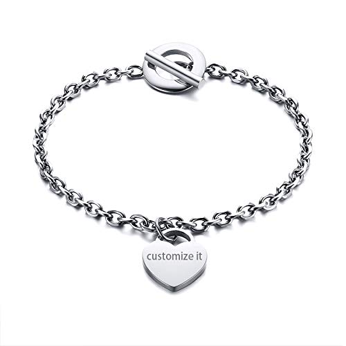 JewelryWe Schmuck Personalisierte Damen Armband mit Gravur, Edelstahl Poliert Herz Anhänger Charm Armkette Armreif, Silber von JewelryWe