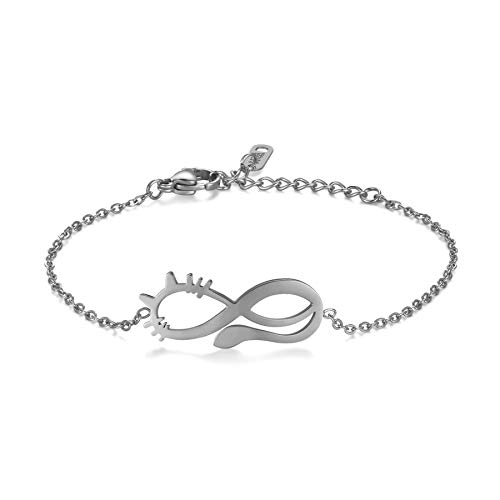 JewelryWe Schmuck Damen Armband mit Infinity Unendlichkeit Zeichen Kätzchen, Edelstahl Armkette Armreif Geschenk Verstellbar Silber von JewelryWe