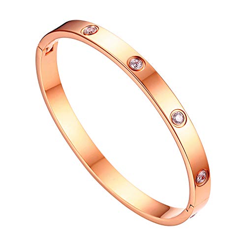 JewelryWe Schmuck Damen Armreif Edelstahl Zirkonia einfache Stil Liebe Armband 6mm breit mit Schließe größere Armspange Gravur Rosegold von JewelryWe