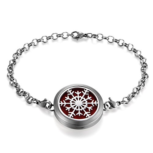 JewelryWe Schmuck Damen Aromatherapie Armband, Edelstahl Hohle Schneeflocken Aroma Öle Diffuser Duft Diffusor Locket Medaillon Charm-Armband Armkette, Silber von JewelryWe