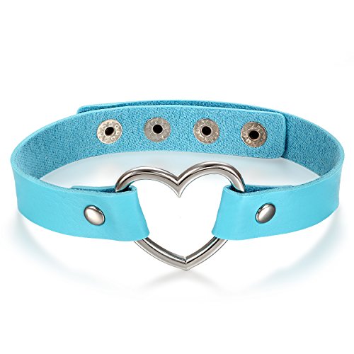 JewelryWe Schmuck Damen Choker Halsband Halskette, Leder Legierung 33-40cm Erstellbare Punk Lolita Herz Collier Kette, Blau Silber von JewelryWe