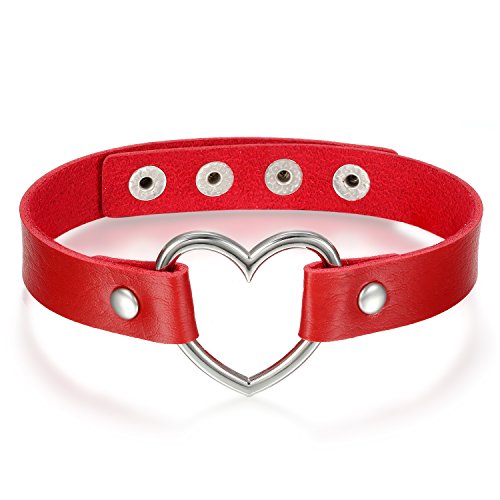 JewelryWe Schmuck Damen Choker Halsband Halskette, Leder Legierung 33-40cm Erstellbare Punk Lolita Herz Collier Kette, Rot Silber von JewelryWe