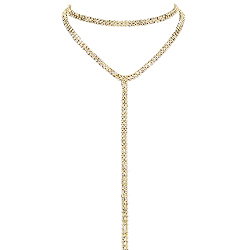 JewelryWe Schmuck Damen Choker Halskette Geschichtete Halsband Multi Reihen Strass Mehrschichtige Lange Choker Kette mit Anhänger für Frauen Mädchen Gold von JewelryWe