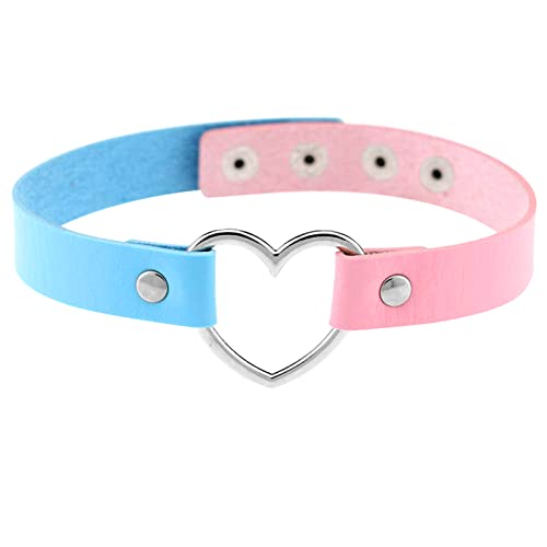 JewelryWe Schmuck Damen Choker Leder Halsband Gothic Punk Lolita Herz Sklave Kragen Halskette 32-38cm Erstellbare Zweifarbig Collier Kette, Blau Pink von JewelryWe