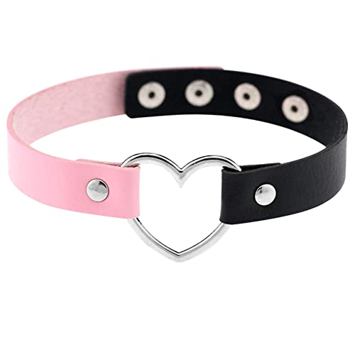 JewelryWe Schmuck Damen Choker Leder Halsband Gothic Punk Lolita Herz Sklave Kragen Halskette 32-38cm Erstellbare Zweifarbig Collier Kette, Schwarz Pink von JewelryWe