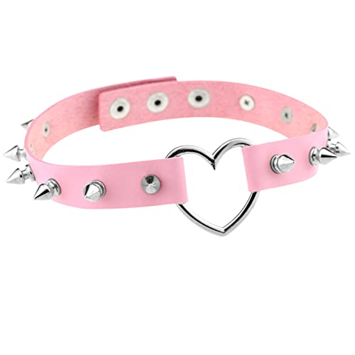 JewelryWe Schmuck Damen Choker Leder Halsband Gothic Punk Lolita Herz Spike Nieten Sklave Kragen Halskette 34-38cm Erstellbare Collier Kette, Pink von JewelryWe