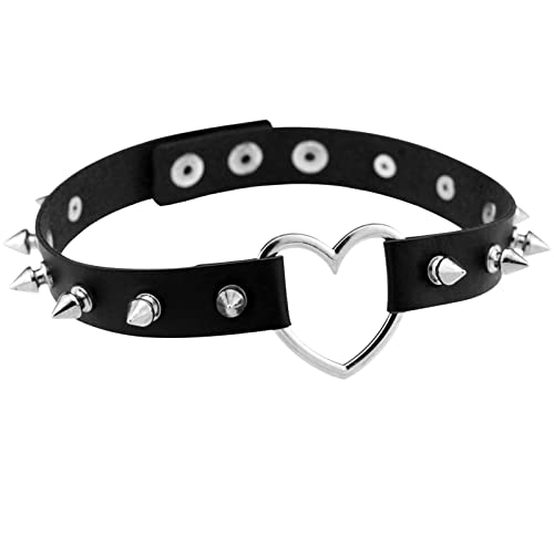 JewelryWe Schmuck Damen Choker Leder Halsband Gothic Punk Lolita Herz Spike Nieten Sklave Kragen Halskette 34-38cm Erstellbare Collier Kette, Schwarz von JewelryWe