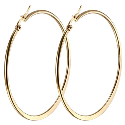 JewelryWe Schmuck Damen Creolen Ohrringe, Edelstahl Poliert Flache Runde Kreis Huggie Hoop Kreolen Ohrringe Ohrhänger für Frau Mädchen, Gold, Durchmesser: 60mm von JewelryWe