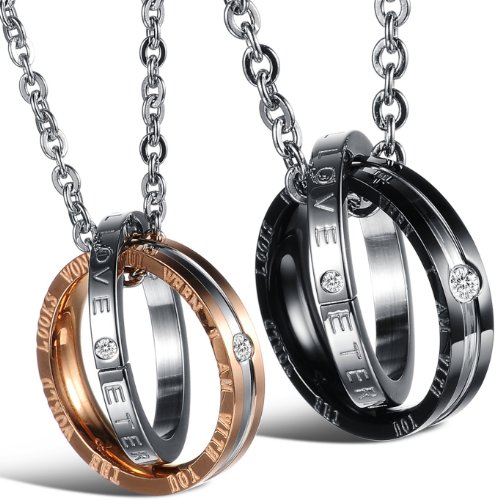 JewelryWe Schmuck Damen Edelstahl Halskette, Anhänger mit zwei Ringen Eternal Love Hochzeit Engagement von JewelryWe