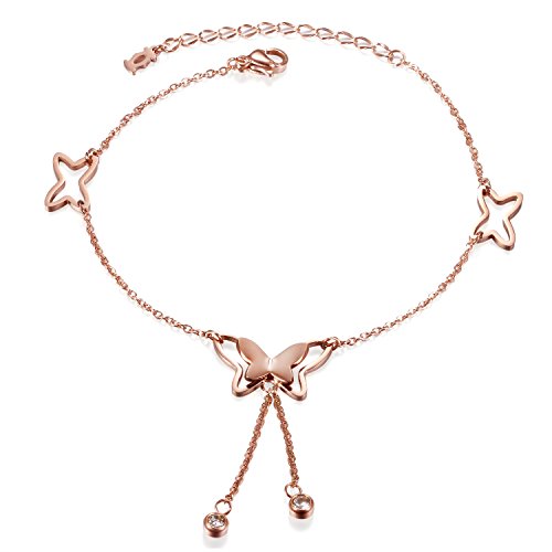 JewelryWe Schmuck Damen Fußkettchen, Edelstahl Schmetterling Kette mit Zirkonia Steinchen Charm Fußkette Armkette, Rosegold von JewelryWe